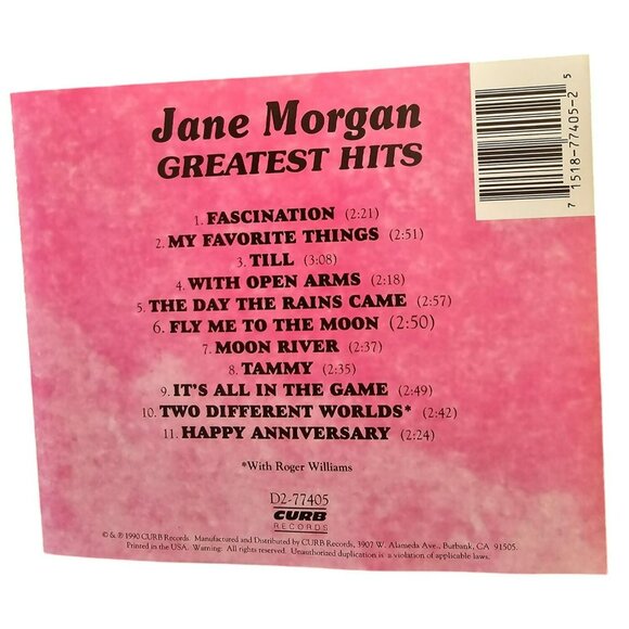 Jane Morgan CD Greatest Hits Timeless Tunes Curb Records   37443cd - Picture 3 of 3